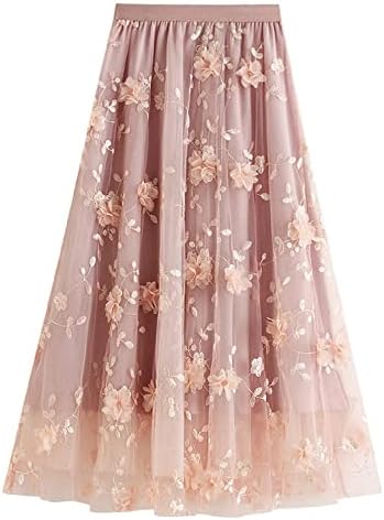 Women's Dressy Midi-Length Skirt, Chiffon Roses on Tulle Layered Elastic High Waist Skirt  (5 colors)