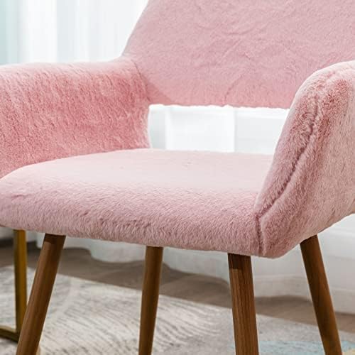 KCC Furry Desk Chair, Mid-Century Modern Accent Faux Fur Chair for Teen Girls, Comfy Armchair with Wood Look Metal Legs for Living Dining Room, Home Vanity Makeup Office Desk Chair No Wheel, Pink