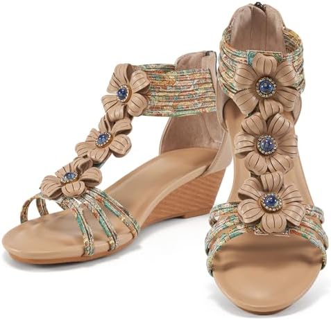 Women's Low Heel Wedge Sandals w/Zippered Ankle Strap & Flower Rosettes  (5 colors)