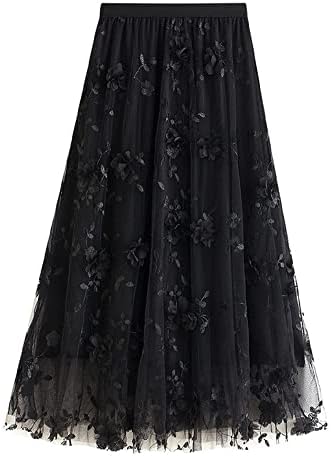 Women's Dressy Midi-Length Skirt, Chiffon Roses on Tulle Layered Elastic High Waist Skirt  (5 colors)