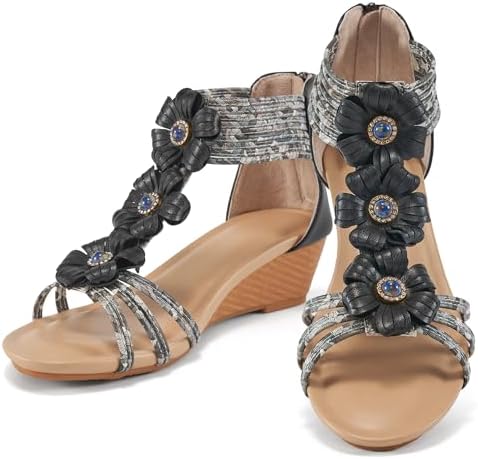 Women's Low Heel Wedge Sandals w/Zippered Ankle Strap & Flower Rosettes  (5 colors)