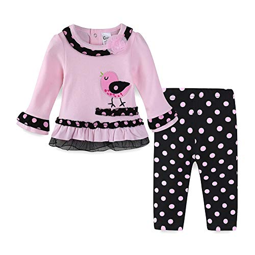 Girl's Fall/Winter Pink & Black Long-Sleeved Sweet Birdie T-Shirt & Pants Outfit  (4 sizes)