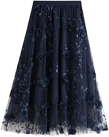 Women's Dressy Midi-Length Skirt, Chiffon Roses on Tulle Layered Elastic High Waist Skirt  (5 colors)