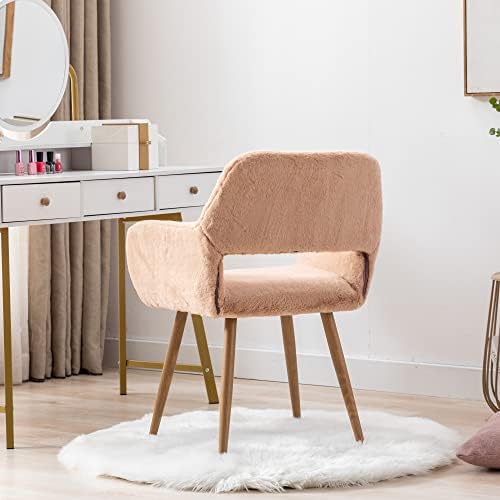 KCC Furry Desk Chair, Mid-Century Modern Accent Faux Fur Chair for Teen Girls, Comfy Armchair with Wood Look Metal Legs for Living Dining Room, Home Vanity Makeup Office Desk Chair No Wheel, Pink