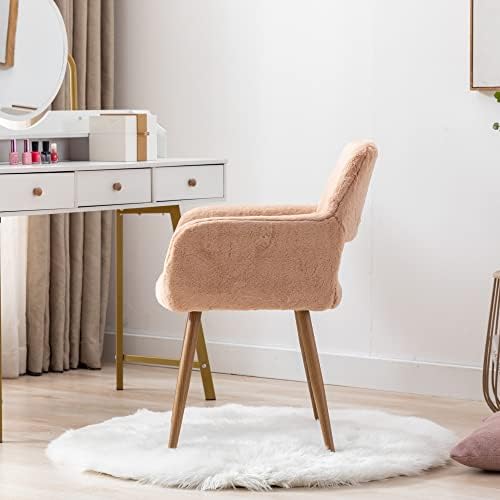 KCC Furry Desk Chair, Mid-Century Modern Accent Faux Fur Chair for Teen Girls, Comfy Armchair with Wood Look Metal Legs for Living Dining Room, Home Vanity Makeup Office Desk Chair No Wheel, Pink