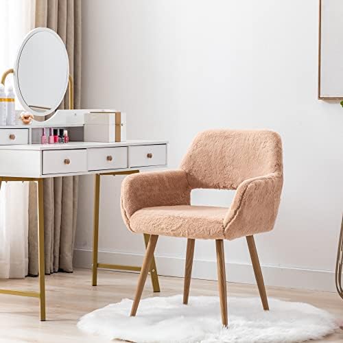 KCC Furry Desk Chair, Mid-Century Modern Accent Faux Fur Chair for Teen Girls, Comfy Armchair with Wood Look Metal Legs for Living Dining Room, Home Vanity Makeup Office Desk Chair No Wheel, Pink