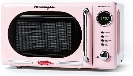 Nostalgia Retro Compact Countertop Microwave Oven - 0.7 Cu. Ft. - 700-Watts with LED Digital Display - Child Lock - Easy Clean Interior - Pink