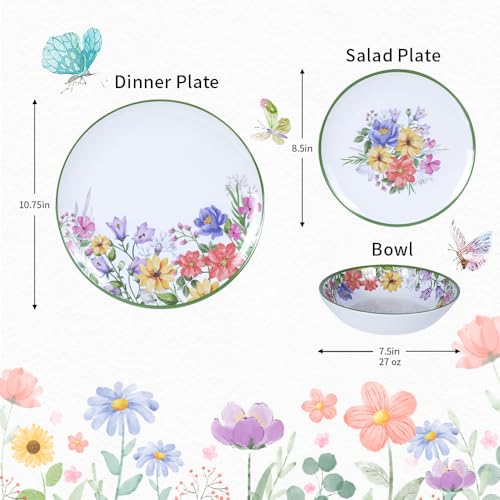 12-Pc Melamine Spring Flowers Dinnerware Set, Flowers & Butterflies, BPA-Free, Service for 4