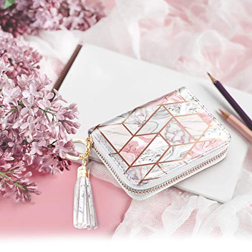 RFID Blocking Pocket Wallet and Card Holder with Tassel, Pink and White Marble