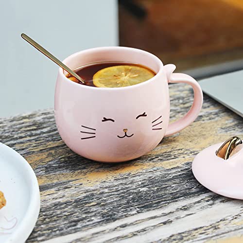 Cute Kids Novelty Cat Mug with Gold Spoon, 13.5oz  (3 colors)