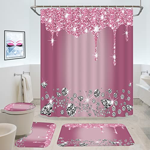 4 Pcs Glitter Diamond Shower Curtain Bath Decor Set w/12 Hooks  (8 colors)
