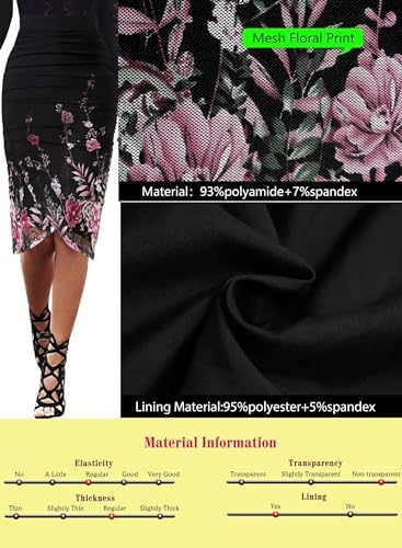 Women's Slip-On Pencil Skirt, Ruched Black & Pink Floral Print, Elastic Waist, Asymmetrical Tulip Split Hem