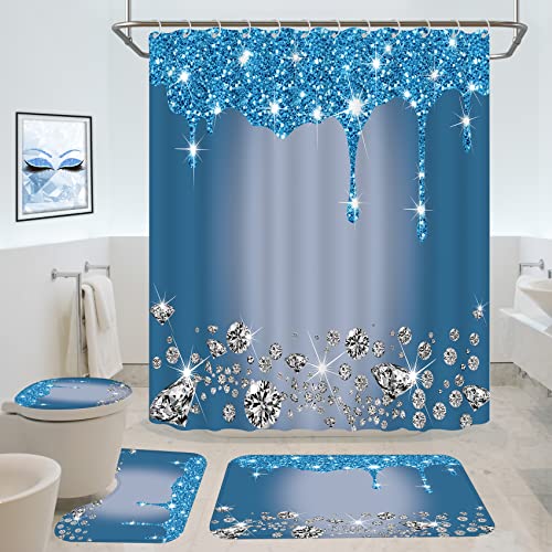 4 Pcs Glitter Diamond Shower Curtain Bath Decor Set w/12 Hooks  (8 colors)
