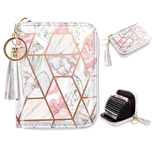 RFID Blocking Pocket Wallet and Card Holder with Tassel, Pink and White Marble