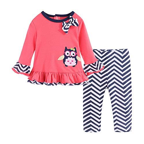Girl's Pink-Black Striped Long Sleeve Owl T-Shirt & Pants Outfit