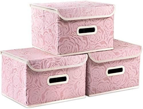 PRANDOM Large Stackable Storage Bins with Lids Fabric Decorative Storage Box Cubes Organizer Containers Baskets with Cover Handles Divider for Bedroom Closet Living Room 17.3x11.8x9.8 Inch 3 Pack