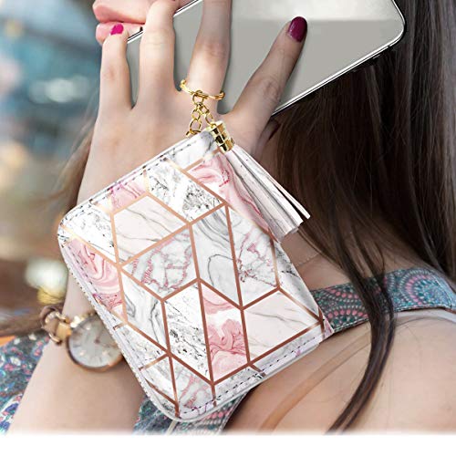 RFID Blocking Pocket Wallet and Card Holder with Tassel, Pink and White Marble