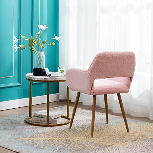 KCC Furry Desk Chair, Mid-Century Modern Accent Faux Fur Chair for Teen Girls, Comfy Armchair with Wood Look Metal Legs for Living Dining Room, Home Vanity Makeup Office Desk Chair No Wheel, Pink