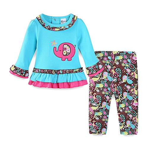 Girl's Fall/Winter Pink & Blue Long-Sleeved Elephant T-Shirt & Pants Outfit  (4 sizes)