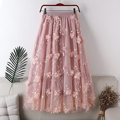 Women's Dressy Midi-Length Skirt, Chiffon Roses on Tulle Layered Elastic High Waist Skirt  (5 colors)