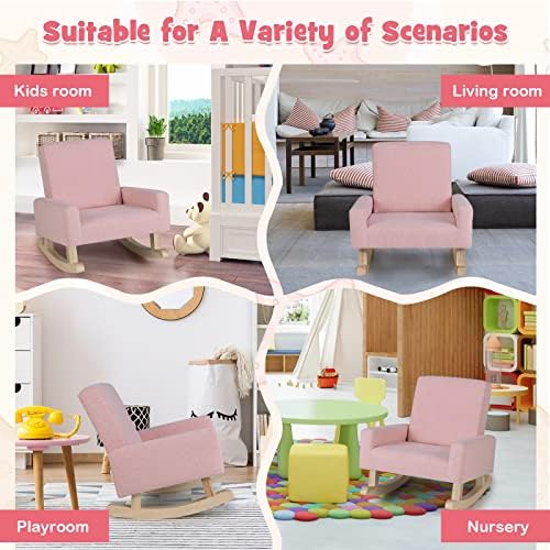 Costzon Kids Sofa, Rocking Chair with Solid Wood Frame, Linen Fabric, Anti-Tipping Design for Kids Room, Nursery, Playroom, Preschool, Birthday Gift for Boys Girls, Toddler Furniture Armchair (Pink)