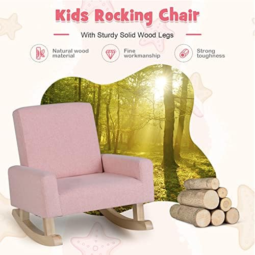 Costzon Kids Sofa, Rocking Chair with Solid Wood Frame, Linen Fabric, Anti-Tipping Design for Kids Room, Nursery, Playroom, Preschool, Birthday Gift for Boys Girls, Toddler Furniture Armchair (Pink)