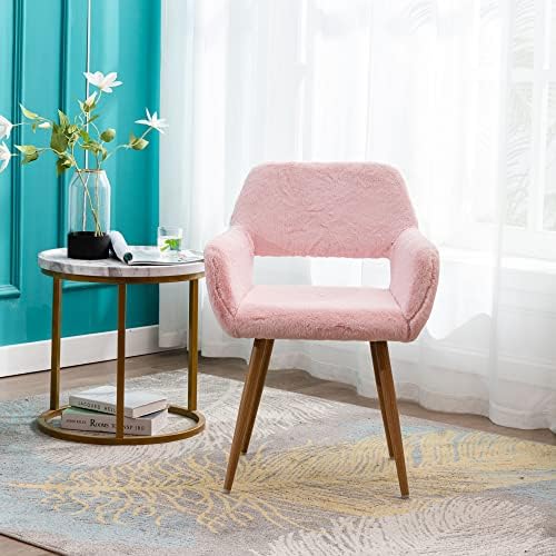 KCC Furry Desk Chair, Mid-Century Modern Accent Faux Fur Chair for Teen Girls, Comfy Armchair with Wood Look Metal Legs for Living Dining Room, Home Vanity Makeup Office Desk Chair No Wheel, Pink