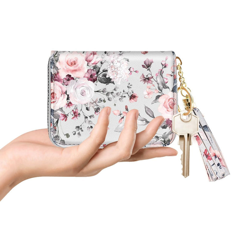 RFID Blocking Pocket Wallet and Card Holder with Tassel, Pink and Gray Flowers