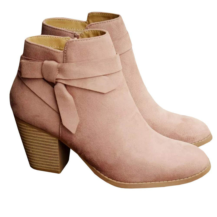 Women's Fashion Suede Ankle Boot, Round Toe, Stacked Chunky Heel & Tie Knot Accent  (8 colors)