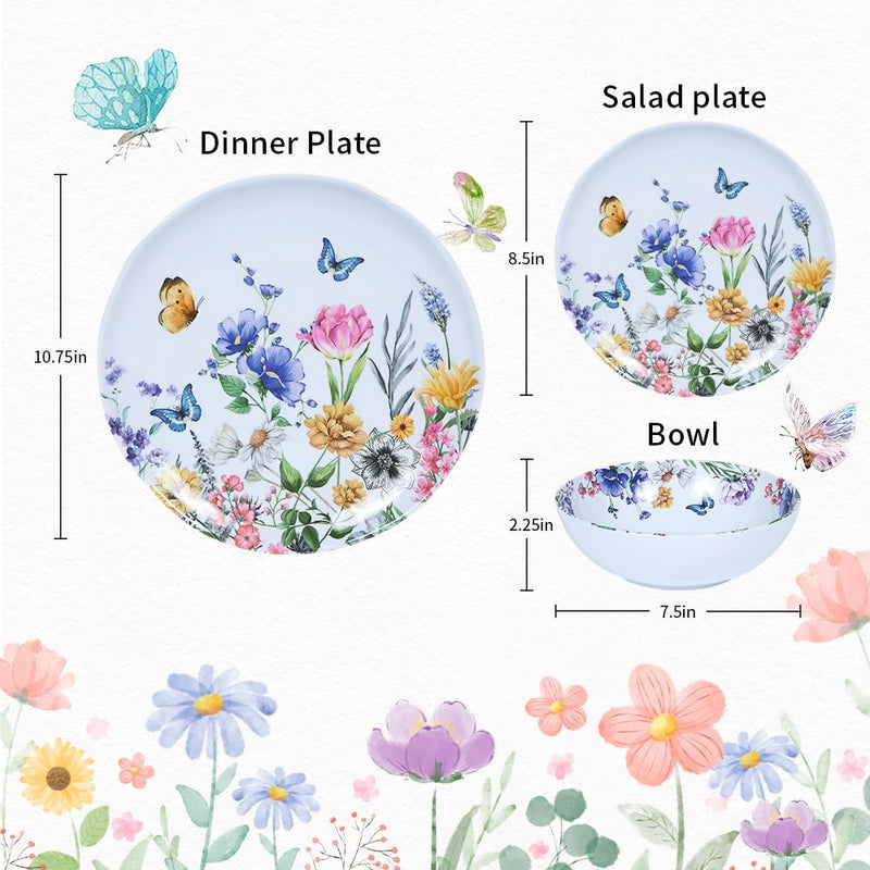 12-Pc Melamine Floral Dinnerware Set, Flowers & Butterflies, BPA-Free, Service for 4