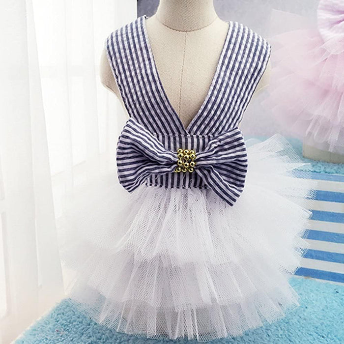 Fashion Striped Pink or Blue Dog Dress w/Mesh Tutu Skirt, Sizes XS to 2XL