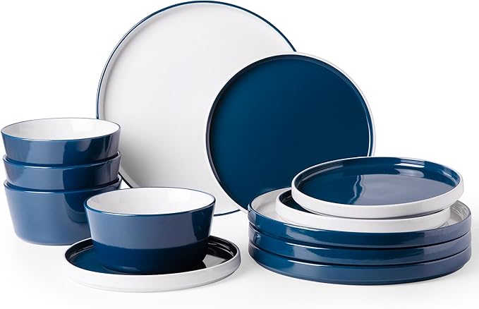 12 Piece Dinnerware Set, Ceramic Plates and Bowls, Handpainted Stoneware, Service for 4  (9 colors)