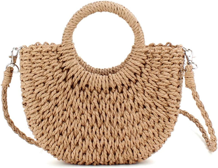 Handwoven Summer Tote Bag, Semi-Circle Rattan Straw Shoulder Crossbody Purse  (10 colors)