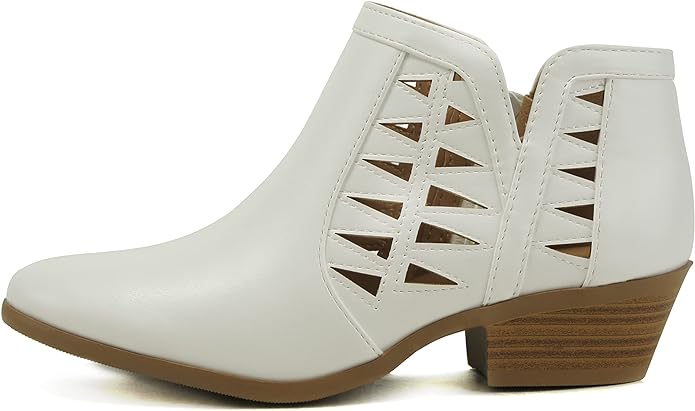 Women's Lattice Cut Out Leather Ankle Boot, Low Block Heel  (12 colors)