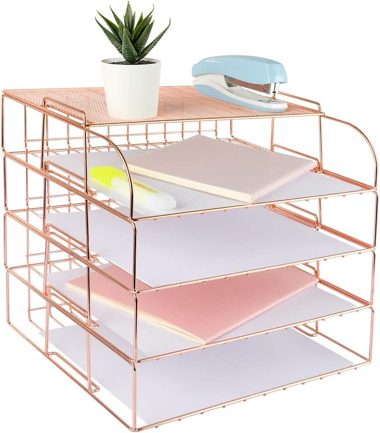 4-Tier Open Wire Stacked Letter Tray Paper File Organizer w/Upper Display Shelf  (3 colors)