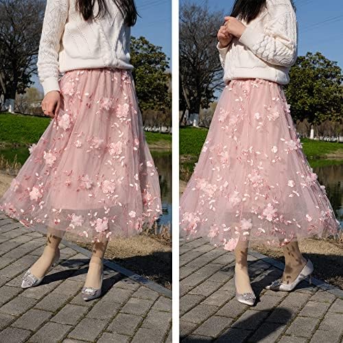 Women's Dressy Midi-Length Skirt, Chiffon Roses on Tulle Layered Elastic High Waist Skirt  (5 colors)