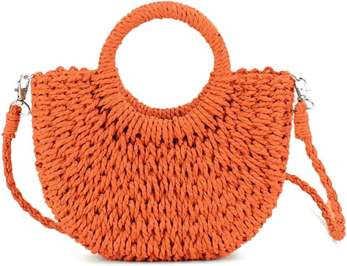 Handwoven Summer Tote Bag, Semi-Circle Rattan Straw Shoulder Crossbody Purse  (10 colors)