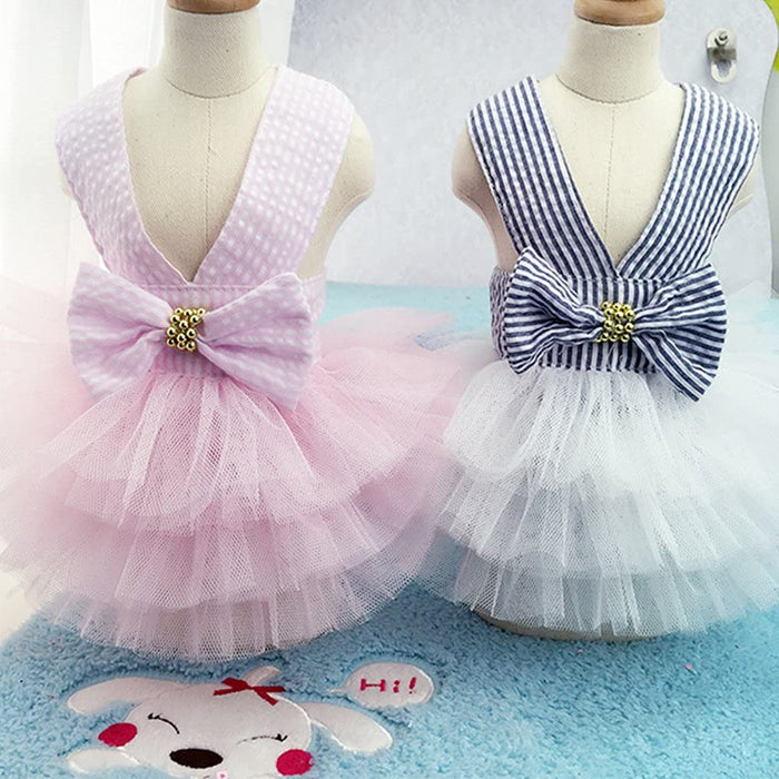 Fashion Striped Pink or Blue Dog Dress w/Mesh Tutu Skirt, Sizes XS to 2XL