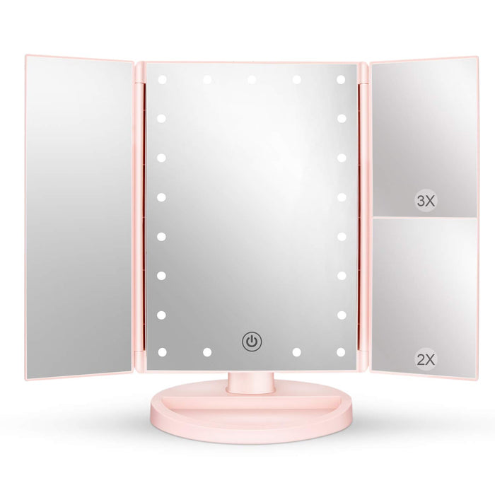 Tri-Fold Lighted Vanity Makeup Mirror, 21 LED Lights, 2X-3X Magnification, Touch Sensor  (6 colors)