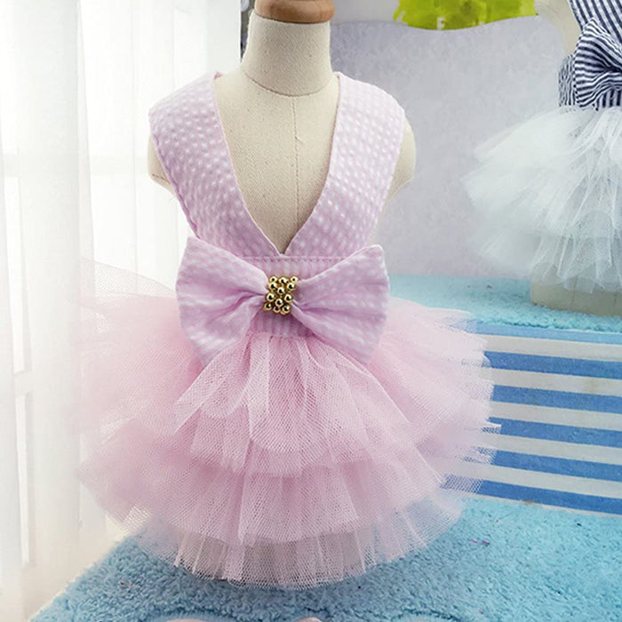 Fashion Striped Pink or Blue Dog Dress w/Mesh Tutu Skirt, Sizes XS to 2XL