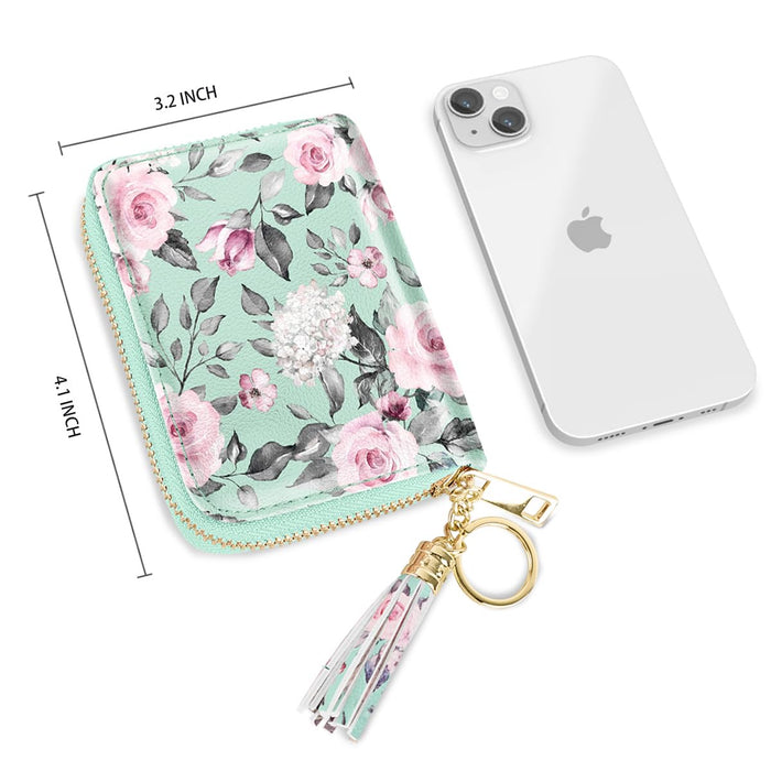 RFID Blocking Pocket Wallet and Card Holder with Tassel, Roses on Green