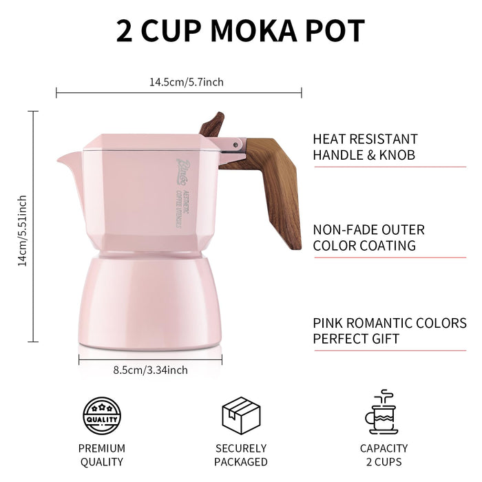 Pink Stovetop Espresso Maker Coffee Pot, 2 Cups (120ml), for Cappuccino or Lattes