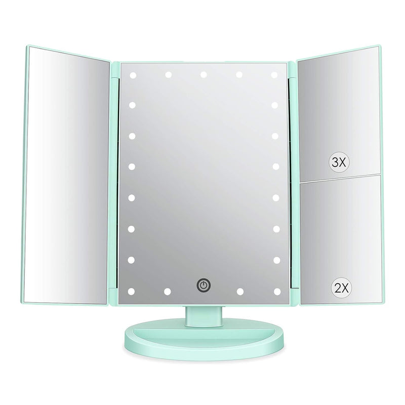 Tri-Fold Lighted Vanity Makeup Mirror, 21 LED Lights, 2X-3X Magnification, Touch Sensor  (6 colors)