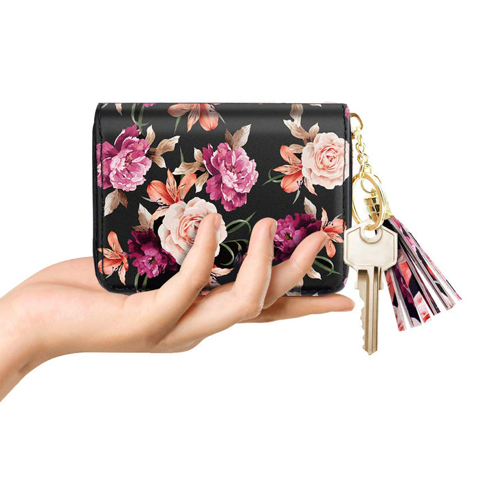 RFID Blocking Pocket Wallet and Card Holder with Tassel, Roses on Black