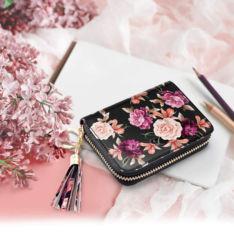 RFID Blocking Pocket Wallet and Card Holder with Tassel, Roses on Black