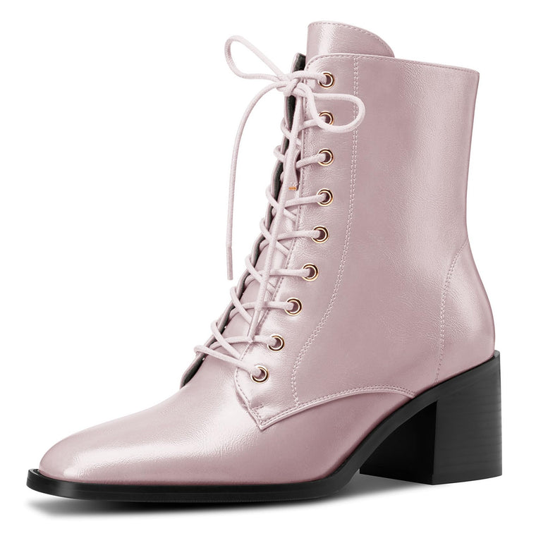 Women's Mid Chunky Block Heel Lace-up Ankle Boots w/Square Toe and Size Zipper  (11 colors)