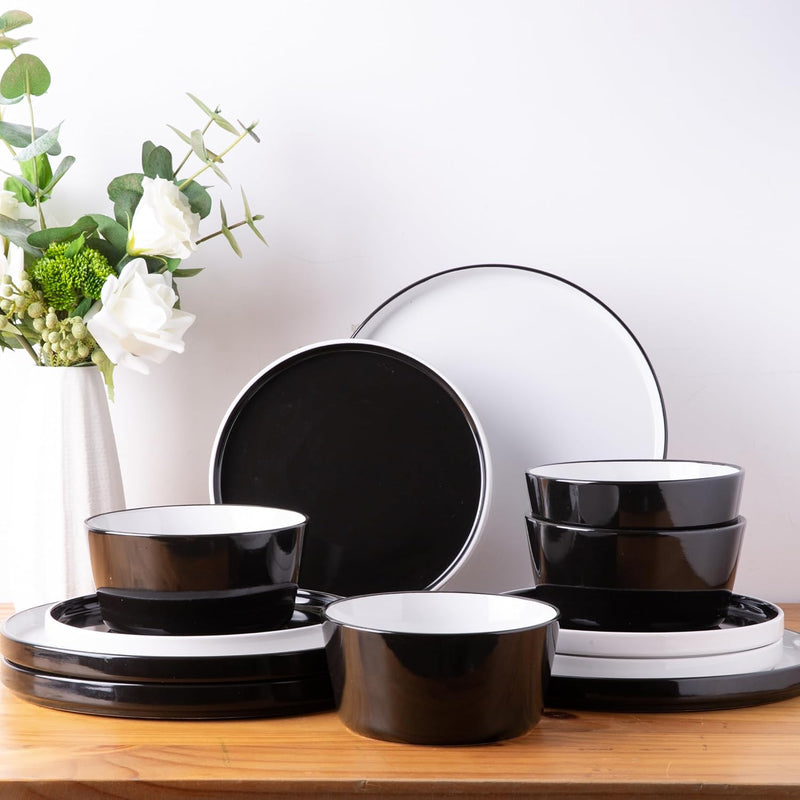 12 Piece Dinnerware Set, Ceramic Plates and Bowls, Handpainted Stoneware, Service for 4  (9 colors)