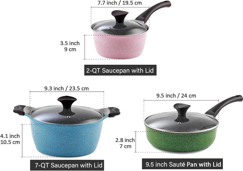 6-Piece Nonstick Ceramic Coating Cookware Set, Multicolor - Pink, Blue, Green