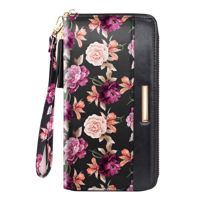 RFID Blocking Clutch Wallet w/Wrist Strap, Roses on Black