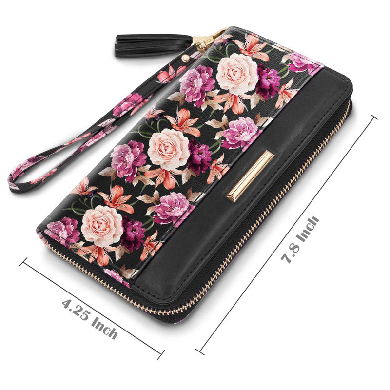 RFID Blocking Clutch Wallet w/Wrist Strap, Roses on Black